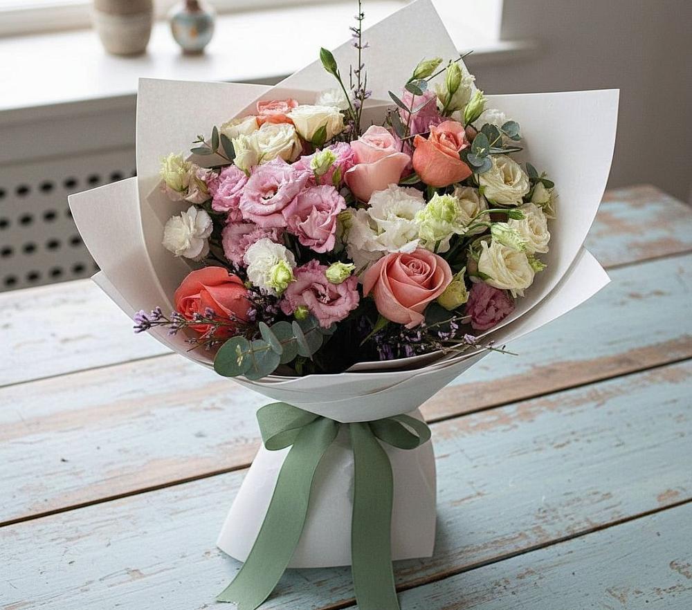 Букет цветов из: Розы, Лизиантусы и Гвоздики в Журавской