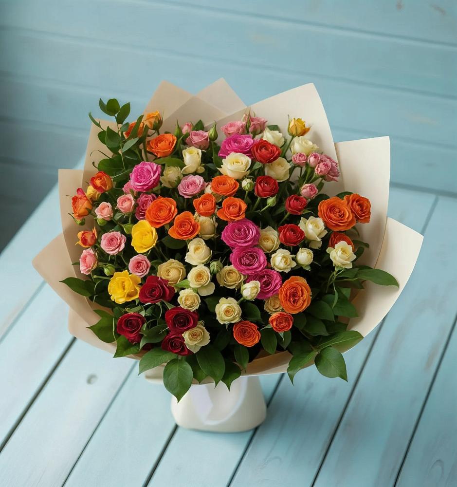 Букет Микс из разноцветных кустовых роз в Журавской