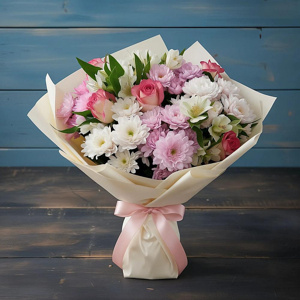 Букет цветов из: Хризантемы, Альстромерии и Розы в Журавской